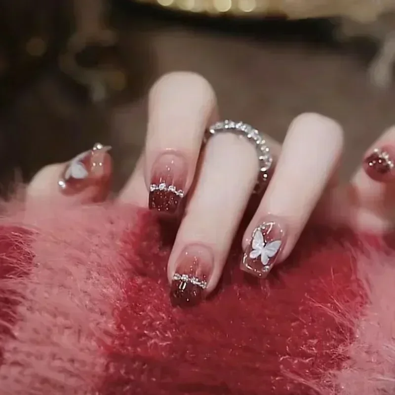 Nail Art Full Design - 24pcs Red Ballet False Nails Butterfly