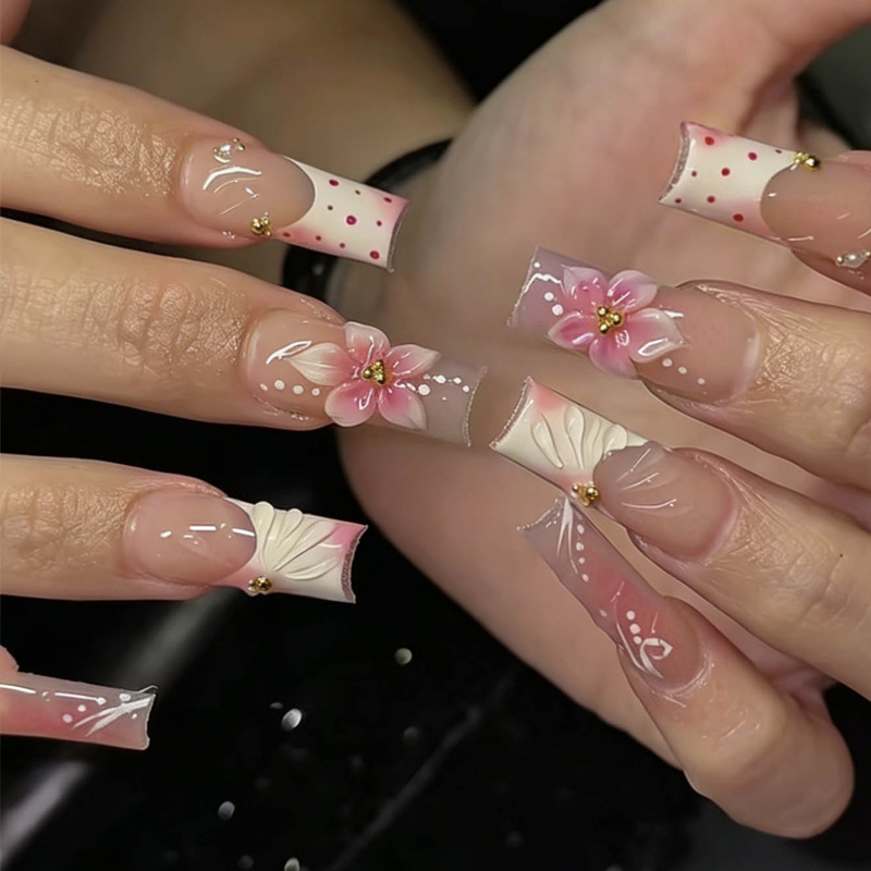 Nail Art Full Design - 24Pcs Flower Long Sqaure Head False