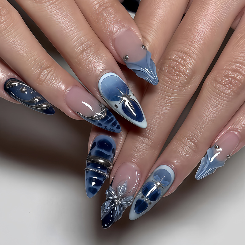 Nail Art Full Design - 24Pcs Mid-length Almond False Nails Blue