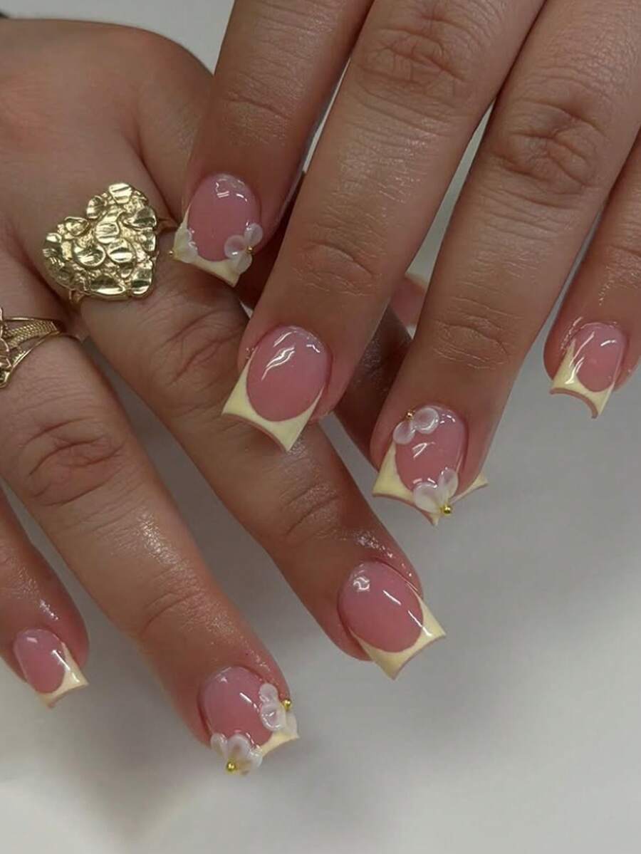Nail Art French Nails - 24pcs Reusable Press-On Nails Short Square
