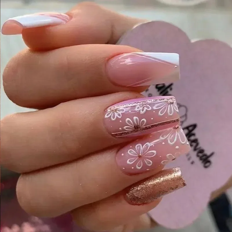 24Pcs White French Fake Nails  - đánh giá và giá Nail Art Rose Gold