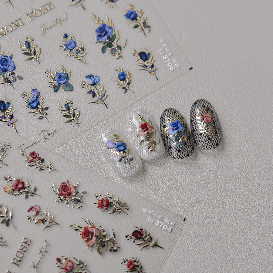 Retro Red Blue Rose Flower Nai - đánh giá và giá Nail Art Rose Gold