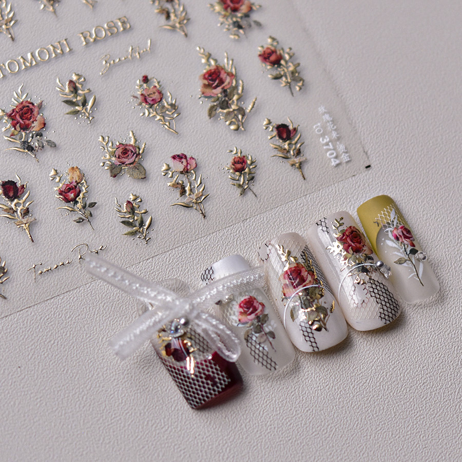 Retro Red Blue Rose Flower Nai - đánh giá và giá Nail Art Rose Gold